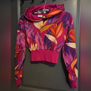 Farm Rio Pink/purple Leafy Hoodie Long Sleeved Cotton Knit Crop Top 2XS New